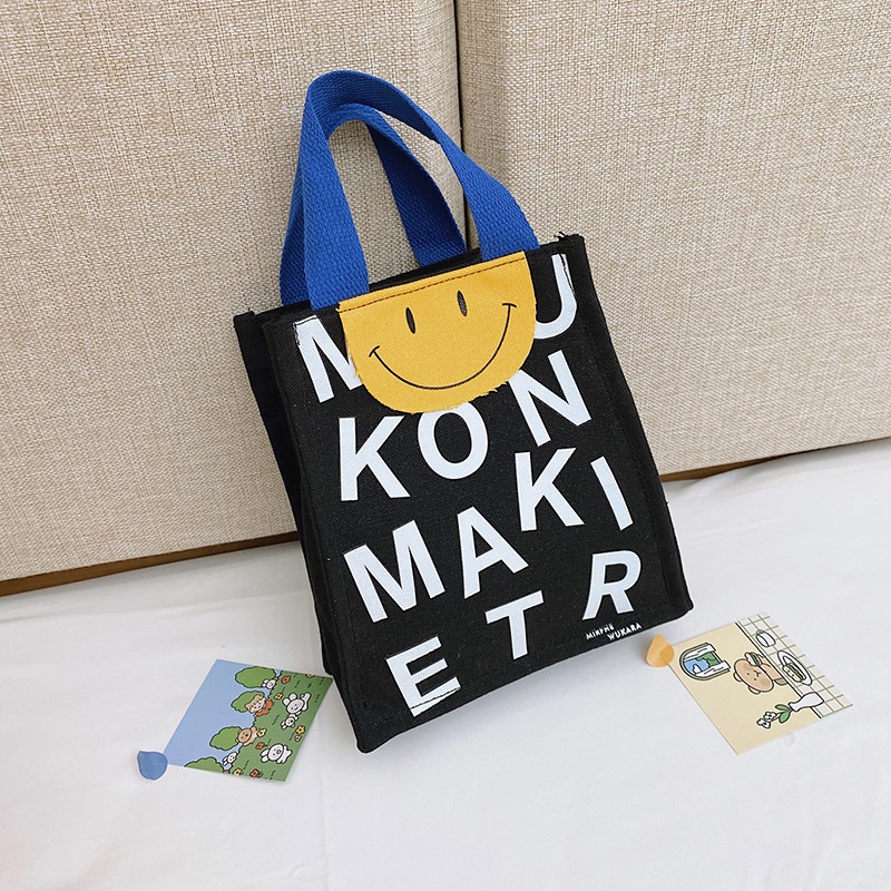 Túi Đựng Hộp Cơm Trưa Xách Tay Vải Bố In Hình Mặt Cười Nhỏ Nhắn Thời Trang 2023 18X