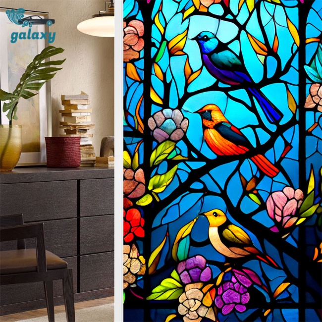 Galaxy Miếng Dán Cửa Kính Chống Tia Uv Không Dính Họa Tiết Hoa Và Chim Nhiều Màu Sắc