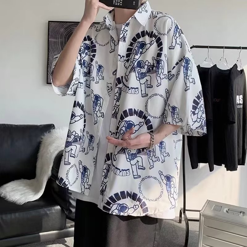 Áo Sơ Mi Tay Lửng Dáng Rộng In Họa Tiết Phong Cách Hong Kong Thời Trang Mùa Hè Hàng Mới Dành Cho Bạn Nam