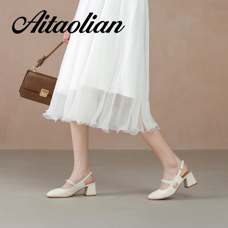 Xăng đan Cao Gót 5cm Da Mềm Mũi Vuông Màu Trơn Đính Ngọc Trai Thời Trang Cho Nữ