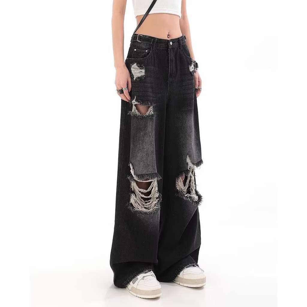 Quần Jean Nữ Ống Rộng Rách Gối Màu Đen Phong Cách Hip Hop Đường Phố Mỹ