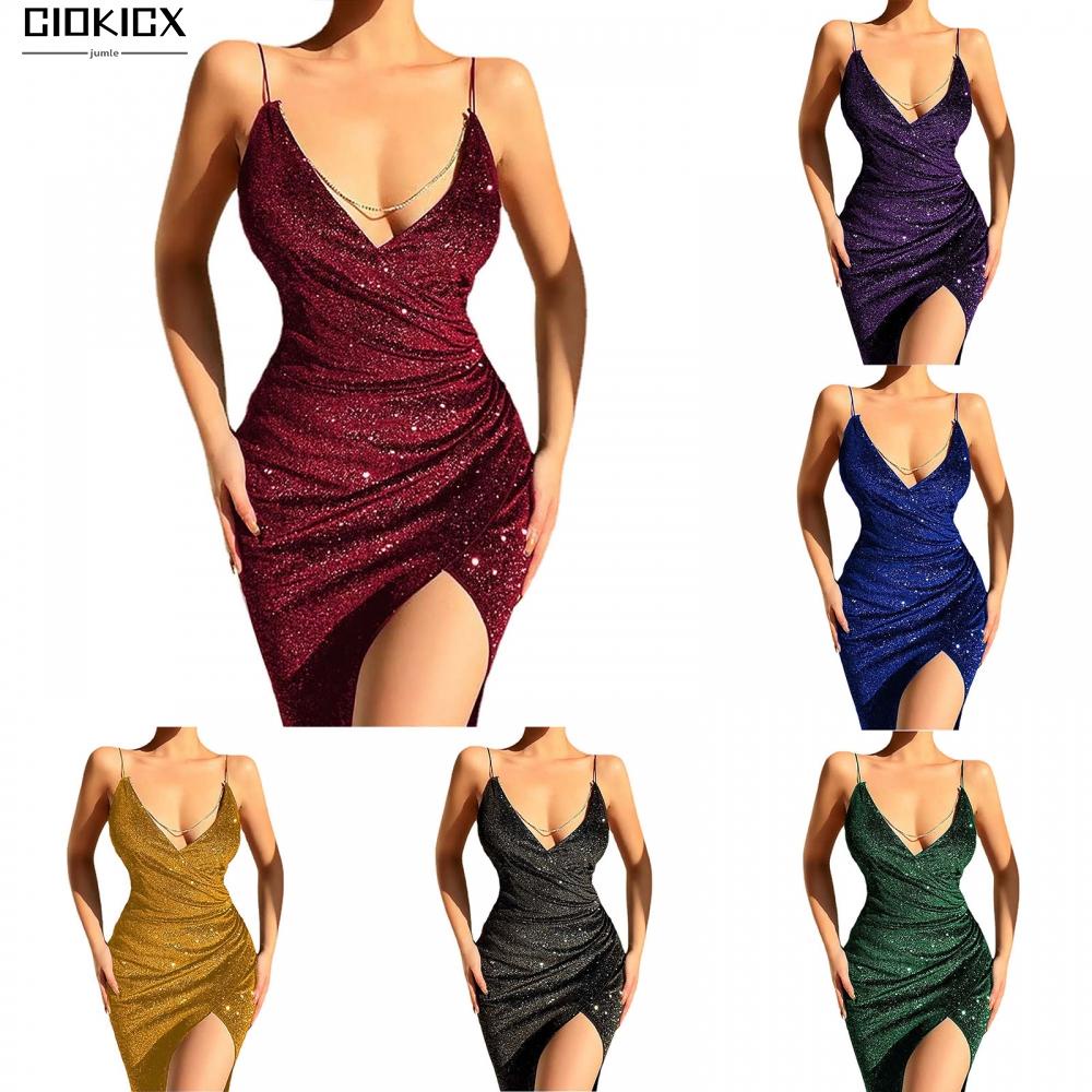 Đầm Hai Dây Đính Kim Sa Lấp Lánh Màu Trơn Size S-3XL Thời Trang Quyến Rũ Cho Nữ