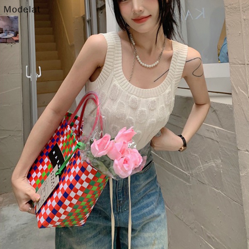 Áo Dệt Kim Sát Nách Màu Sắc Vintage Thời Trang Mùa Hè Cho Nữ