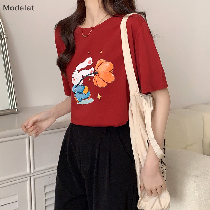 Áo Thun T-shirt Cotton Cổ Tròn Tay Ngắn In Hình Thỏ Mùa Hè Cho Nữ
