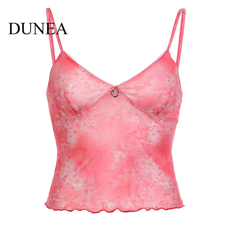 DUNEA Áo Tank Top Cổ Chữ V Phối Lưới Họa Tiết Hoa Quyến Rũ Cho Nữ