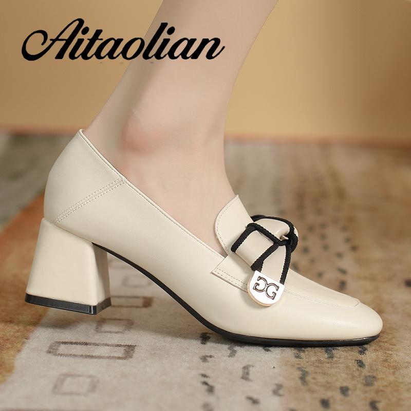 Giày Cao Gót 5.5cm Da Mềm Mũi Vuông Phong Cách retro Cho Nữ