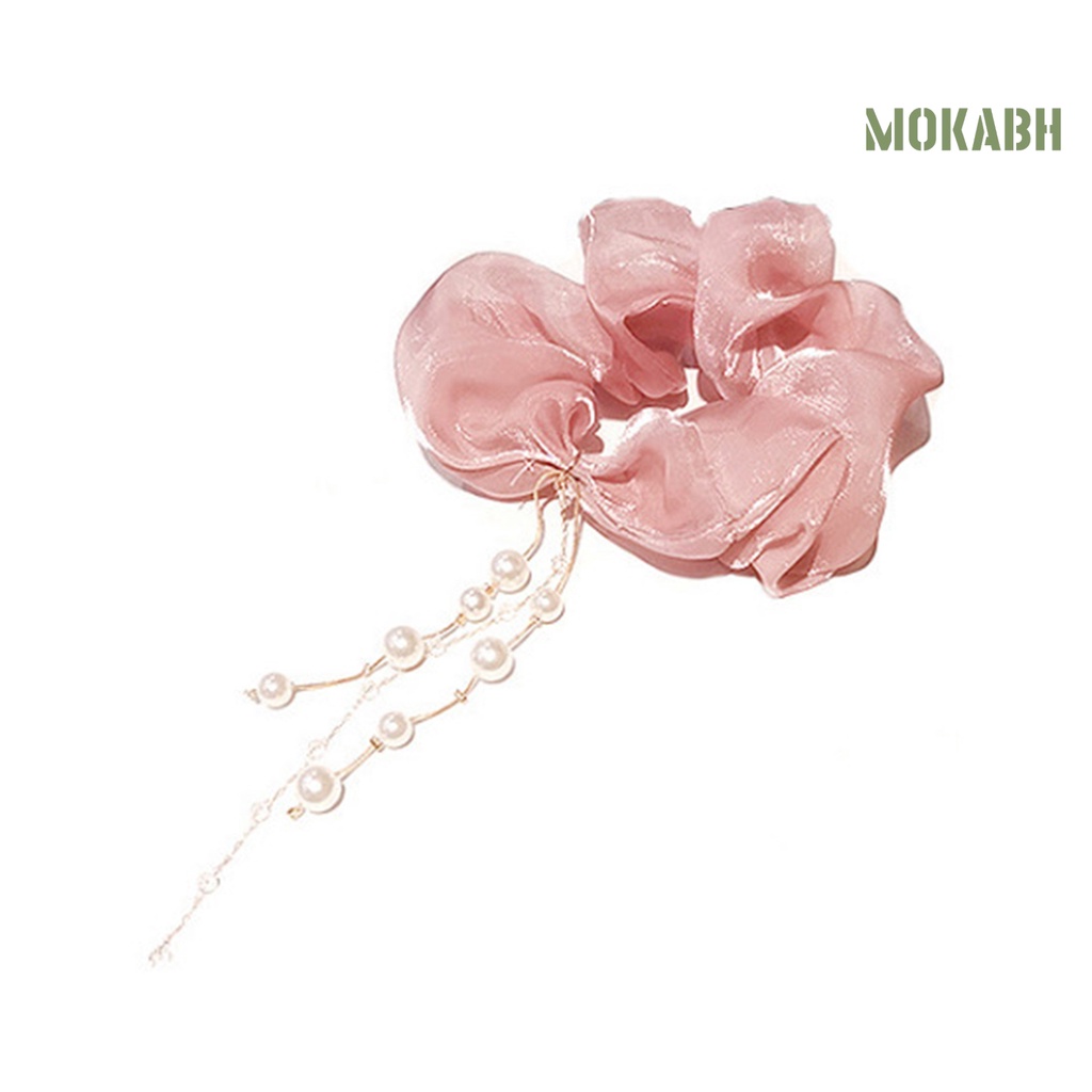 Dây Cột Tóc Satin Co Giãn Tốt Màu Trơn Đính Ngọc Trai Giả Xinh Xắn Cho Nữ