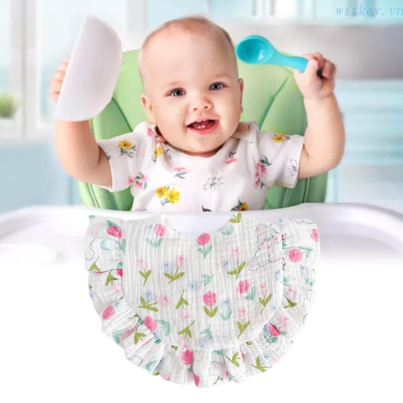 Yếm Vải Cotton Hai Mặt Viền Diềm Xếp Nếp Thoáng Khí Cho Bé Mọc Răng