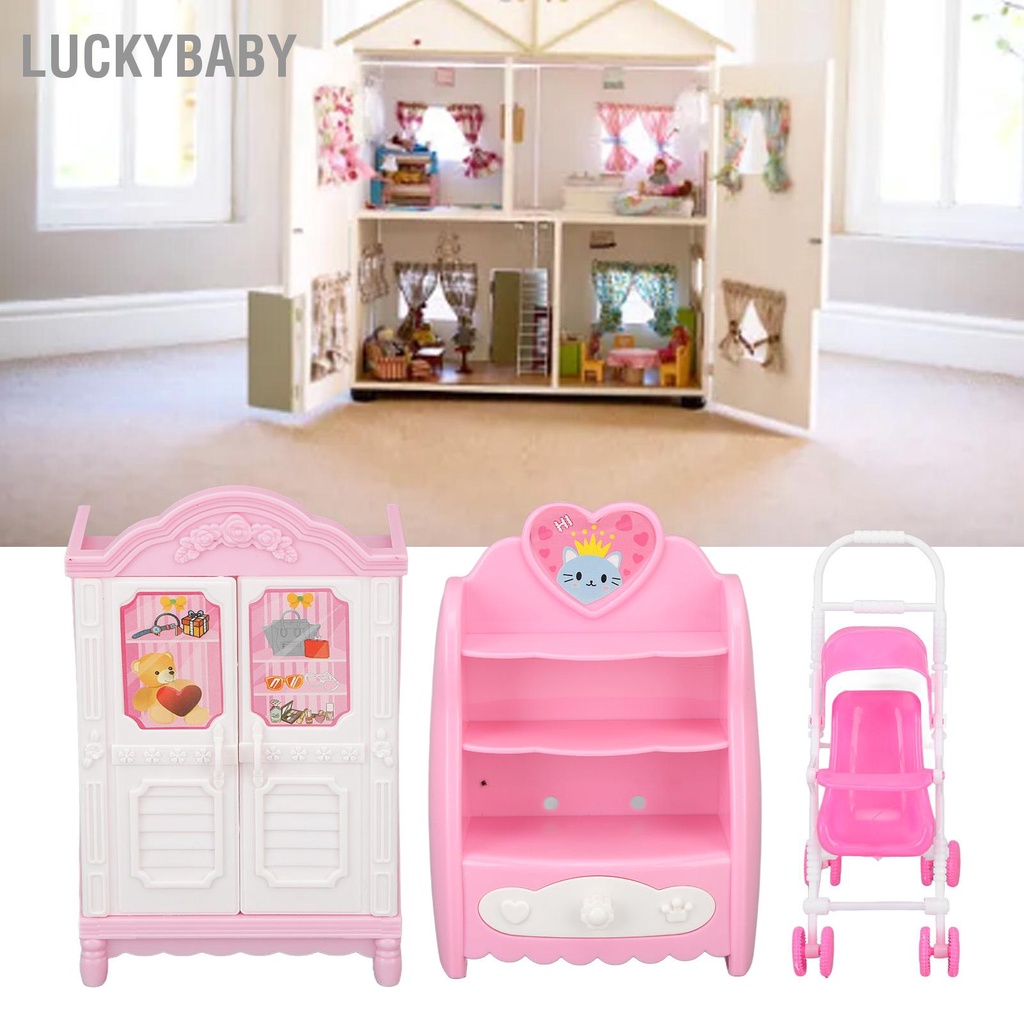 LUCKYBABY Nhà Búp Bê Bộ Tủ Quần Áo Sáng Tạo Vui Nhộn Mô Hình Mèo Con Xe Đẩy Em Bé Thu Nhỏ Cho Phụ Kiện Màu Hồng