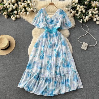 Mới Đầm Chiffon Dài Tay Xòe In Họa Tiết Hoa Vintage Thanh Lịch Thời Trang Mùa Hè Dành Cho Nữ