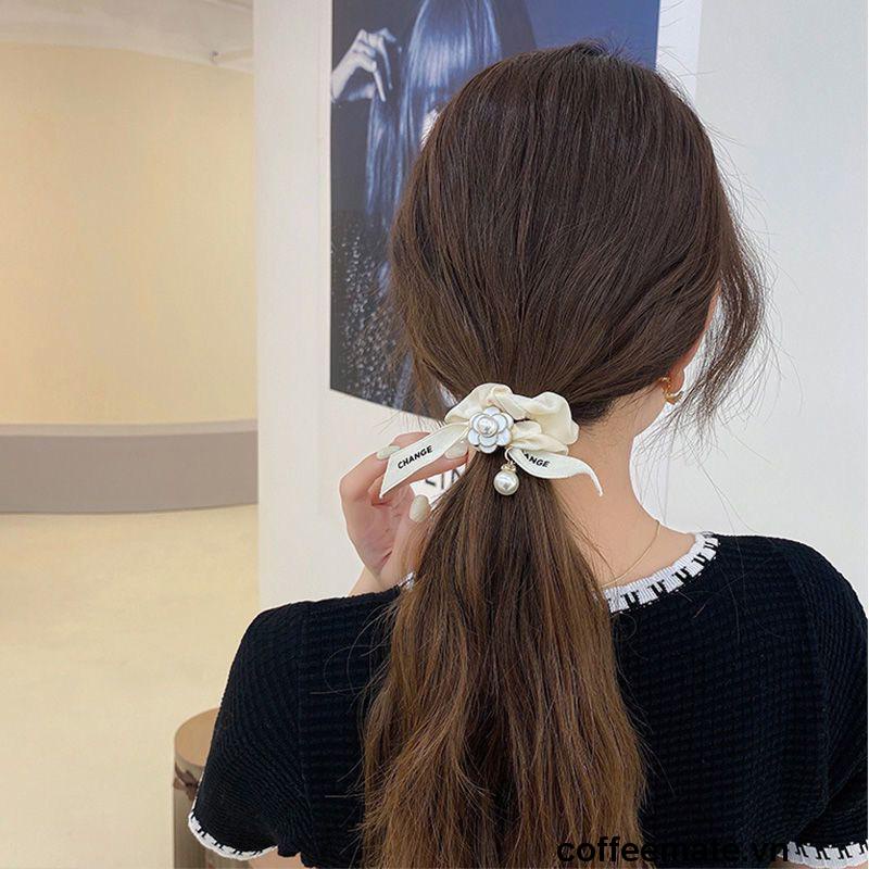 ⚡Dây Buộc Tóc Vải Satin Đính Nơ Ngọc Trai Nhân Tạo Phong Cách Hàn Quốc