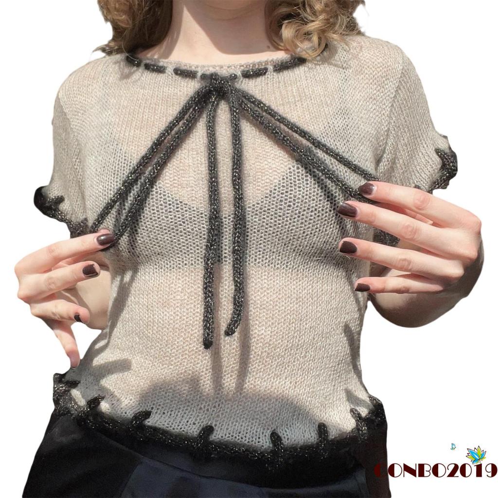 Áo Croptop Dệt Kim Tay Ngắn Phối Dây Rút Thời Trang Mùa Hè Cho Nữ