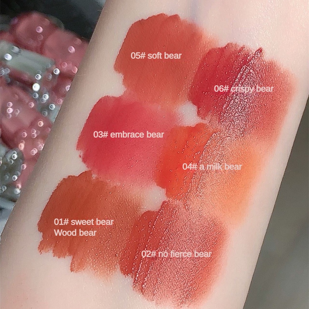 ♕Zeve Quý Ông Gấu môi men nhung mờ sương mù bề mặt mịn giả đồng bằng môi bùn dễ dàng để màu sắc lâu dài sinh viên môi trang điểm 6 màu sắc upbest