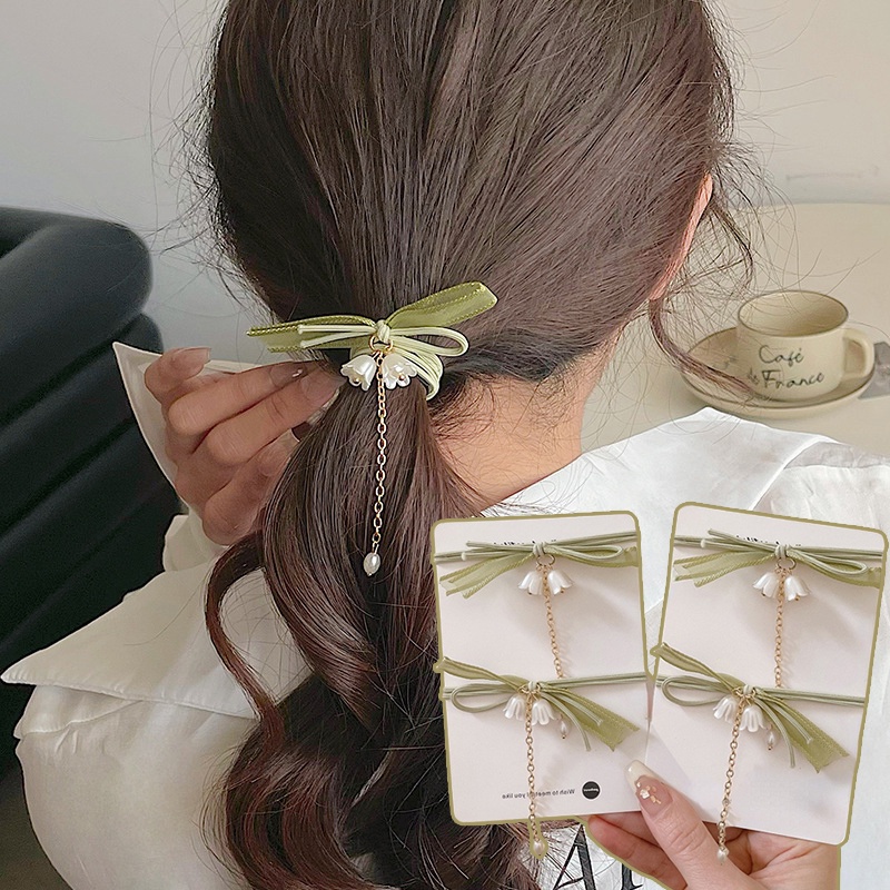 Dây Cột Tóc Đuôi Ngựa Co Giãn Đính Nơ Màu Xanh Lá Phong Lan Ngọt Ngào Cho Nữ / Giá Đỡ