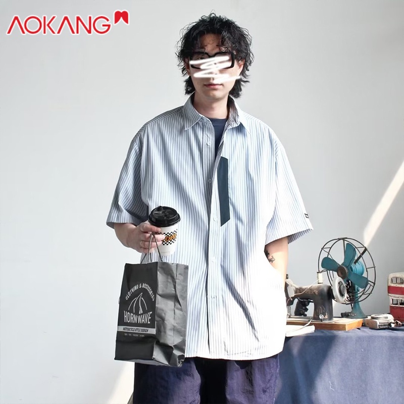 Aokang Áo Sơ Mi Nam Tay Ngắn Kẻ Sọc Phong Cách retro Mùa Hè Chất Lượng Cao