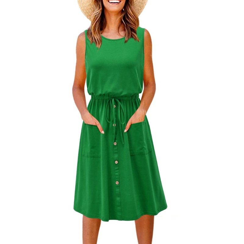 Xiangbao Đầm Thun Sát Nách Cổ Tròn Có Túi Thời Trang Mùa Hè Giản Dị Dành Cho Nữ