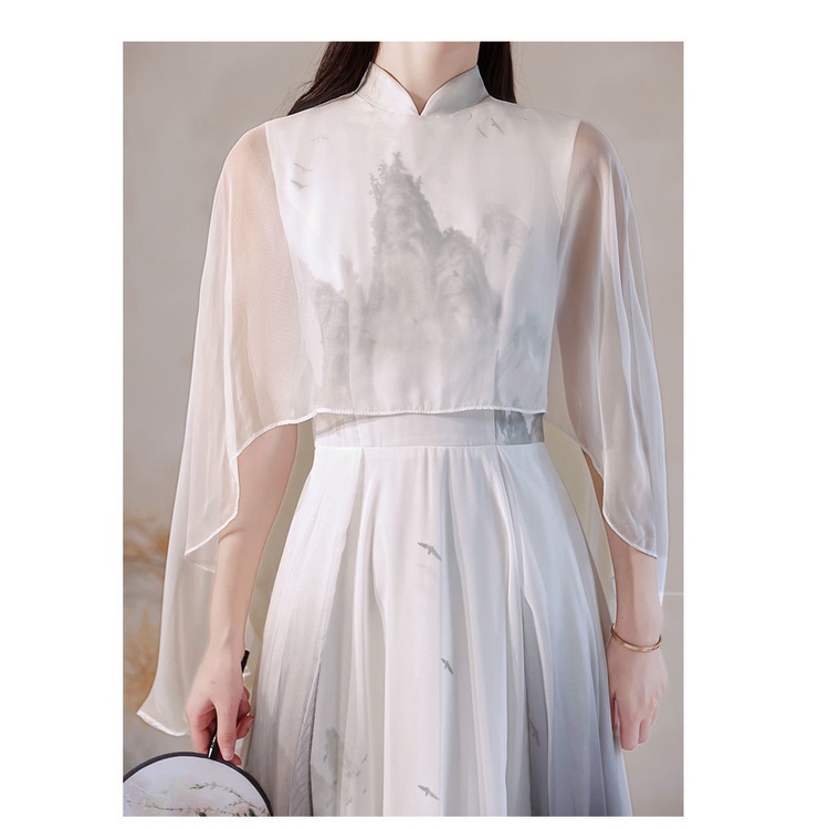 Đầm Chiffon In Họa Tiết Mực Vẽ Phong Cách Cổ Điển Thanh Lịch Thời Trang Cho Nữ