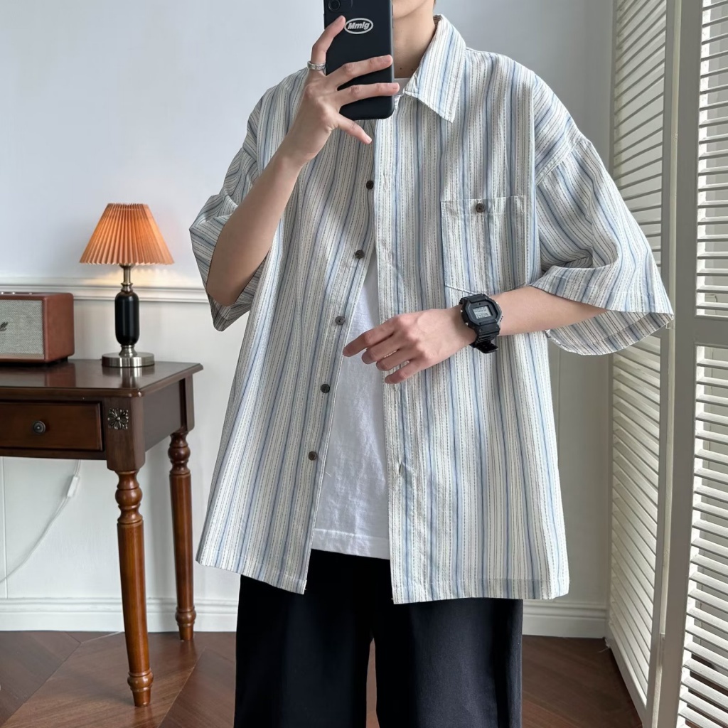 Áo Sơ Mi Tay Lửng Kẻ Sọc Phối Màu Thời Trang Mùa Hè Trẻ Trung Cho Nam
