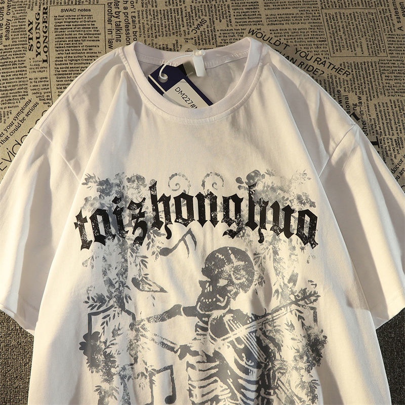 Áo Thun Tay Ngắn In Hình Đầu Lâu Vĩ Cầm Thời Trang Đường Phố Mỹ Vintage Dành Cho Nam Nữ