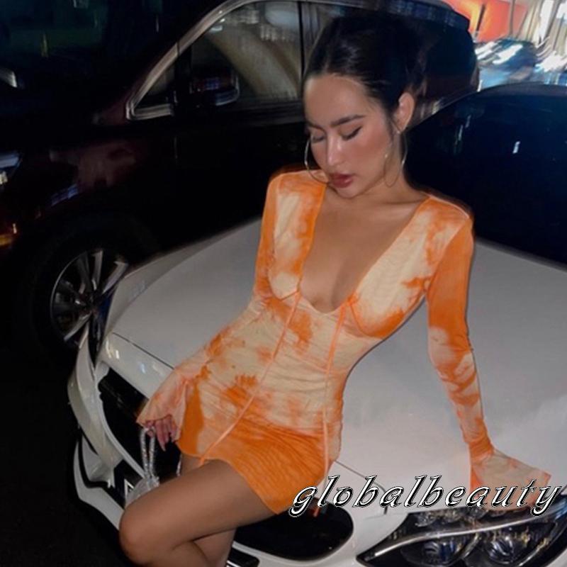 Đầm Tay Dài Cổ Chữ V Họa Tiết Màu Nhuộm Thời Trang Mùa Hè Cho Nữ