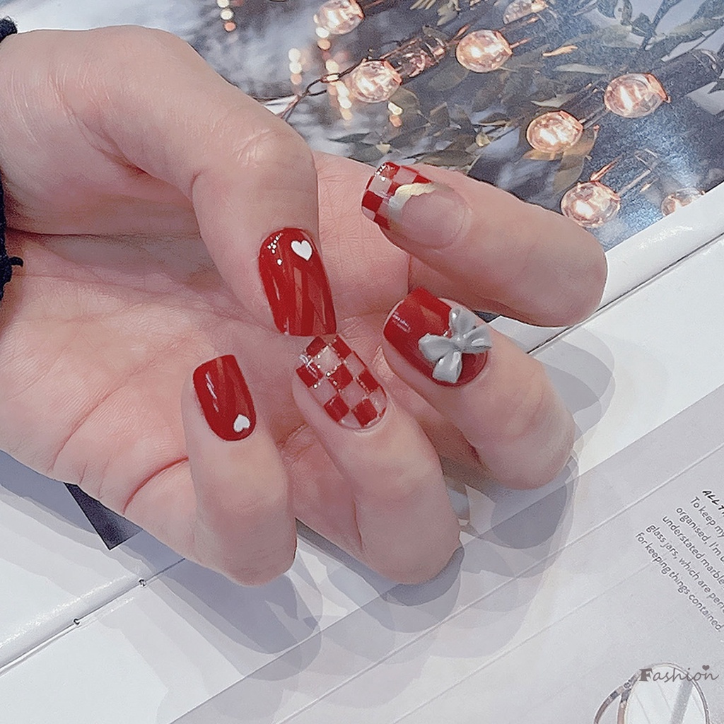 Bộ Móng Tay Giả Ngắn Chống Nhòe Đính Nơ Xinh Xắn