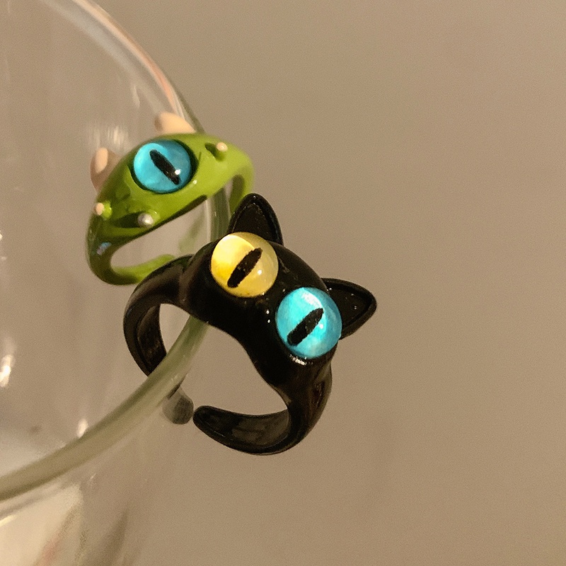 Nhẫn Hở Hình Mèo Mắt To Màu Đen Dễ Thương Có Thể Điều Chỉnh