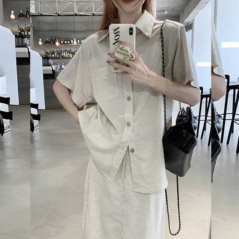 Bộ Áo Sơ Mi Ngắn Tay Cổ Polo Phối Chân Váy Lửng Xẻ Tà Kiểu Retro Hàn Quốc Xinh Xắn Cho Nữ