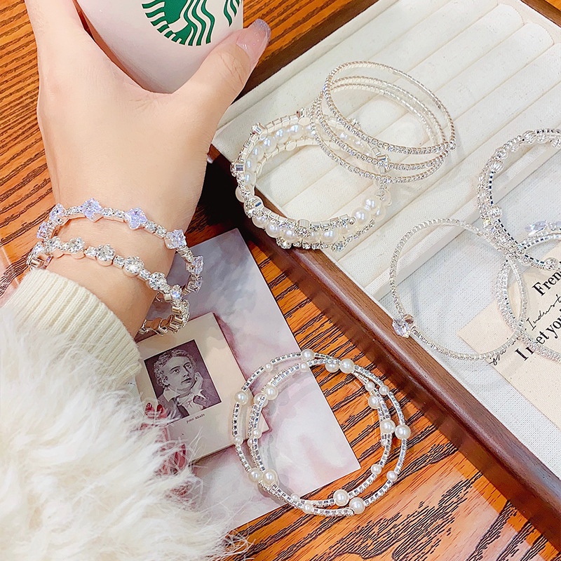 Vòng Tay Hai Lớp Đính Hạt Kim Cương Lấp Lánh Phong Cách Hàn Quốc