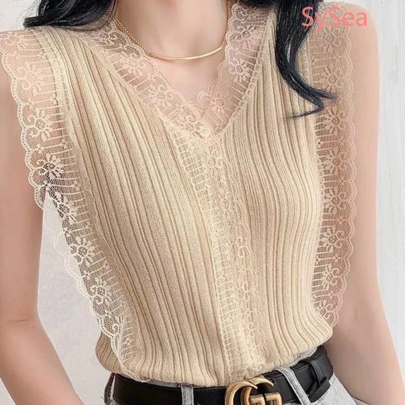 Áo Hai Dây Dệt Kim Dáng Rộng Cổ Chữ V Phối Ren Quyến Rũ Cho Nữ