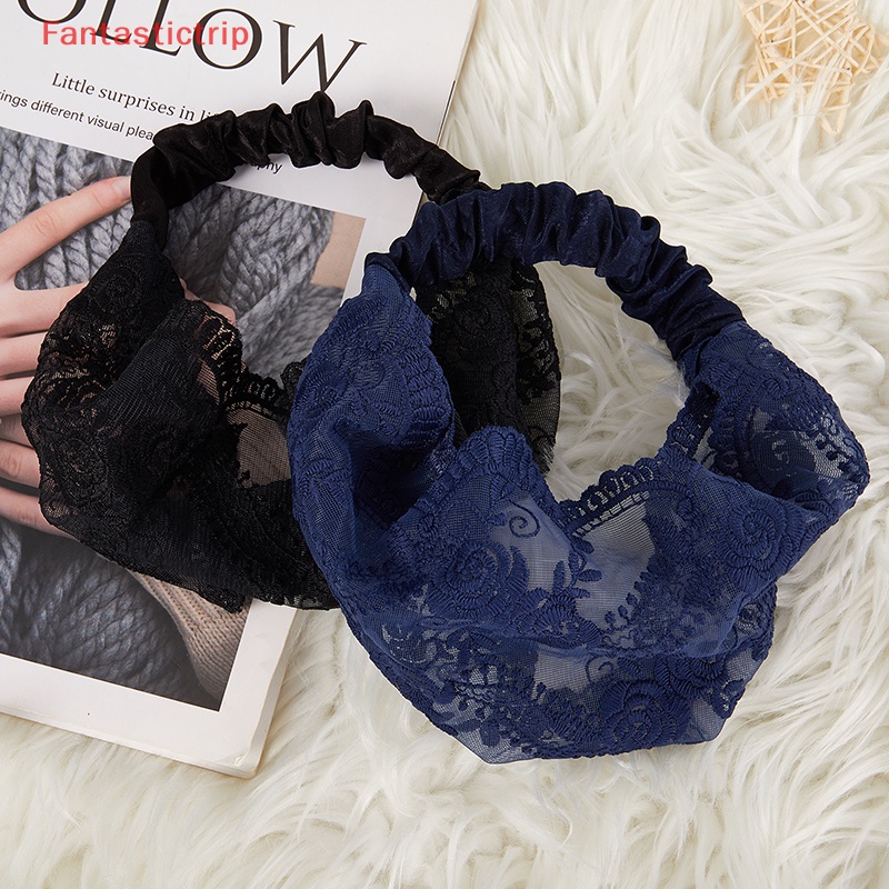 [Fantastictrip] Băng Đô Cài Tóc Rửa Mặt Phối Ren Trắng Thêu Họa Tiết Đơn Giản Thoáng Khí Thời Trang