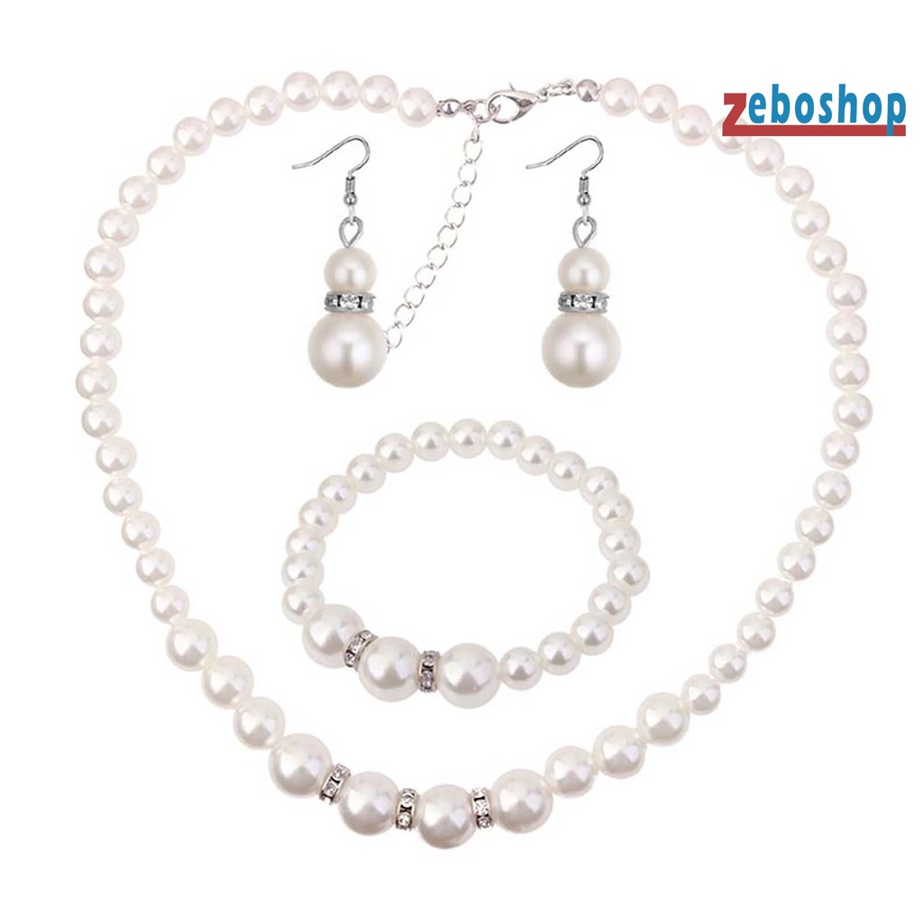 Bộ Trang Sức 3 Món Gồm Vòng cổ / Bông Tai / Vòng Tay Đính Ngọc Trai Nhân Tạo Thời