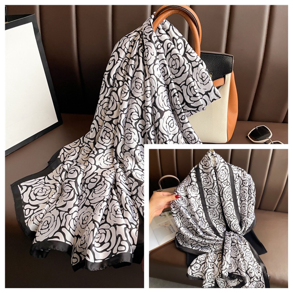 Khăn Quàng Cổ Chống Nắng Bằng Lụa Kích Thước Lớn 180 * 90CM In Họa Tiết Hoa Hồng Sang Trọng