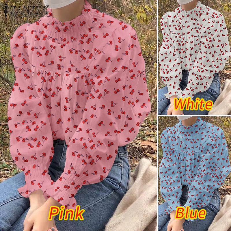 ZANZEA Áo Kiểu Dài Tay Cổ Cao Họa Tiết Trái Cherry Thời Trang Nữ Tính