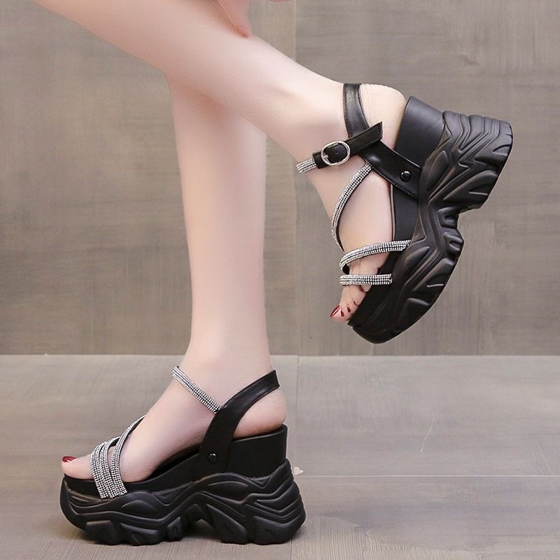 Giày Sandal Đế Xuồng Một Dây Đính Đá Thời Trang Mùa Hè 2023 Cho Nữ