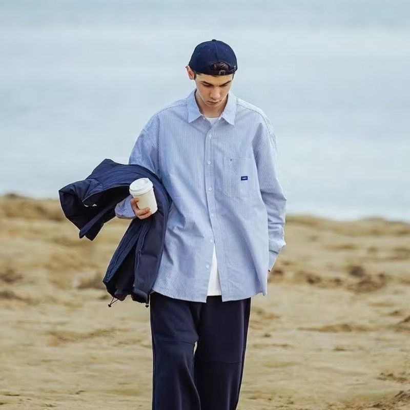 Áo Khoác Sơ Mi Dài Tay Dáng Rộng Họa Tiết Kẻ Sọc Phong Cách Nhật Bản Thời Trang Mùa Hè Hàng Mới Dành Cho Bạn Trai