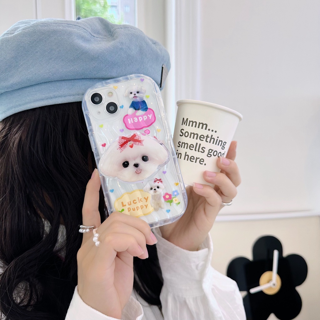 Ốp Điện Thoại Tpu Dẻo Trong Suốt Họa Tiết Chú Chó Trắng Dễ Thương Kèm Giá Đỡ Chống Rơi Cho iPhone 14 Plus 13 12 11 Pro Max