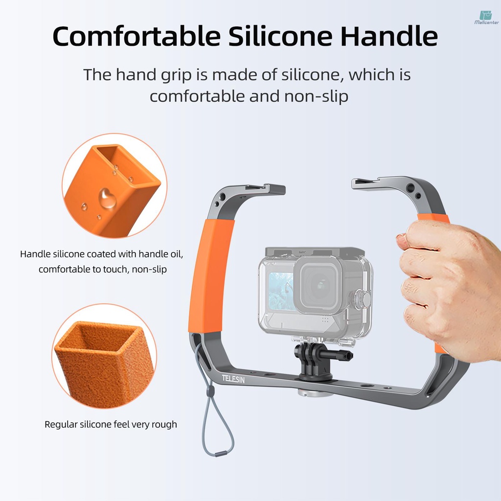 TELESIN TE-HBM-002 Sports Camera Diving Rig Handheld Underwater Stabilizer Bracket Dual Handle Aluminum Alloy Action Camera Holder with Dual Cold Shoe Mounts 1/4 Inch &amp; 3/8 Inch Screw Holes Replacemen