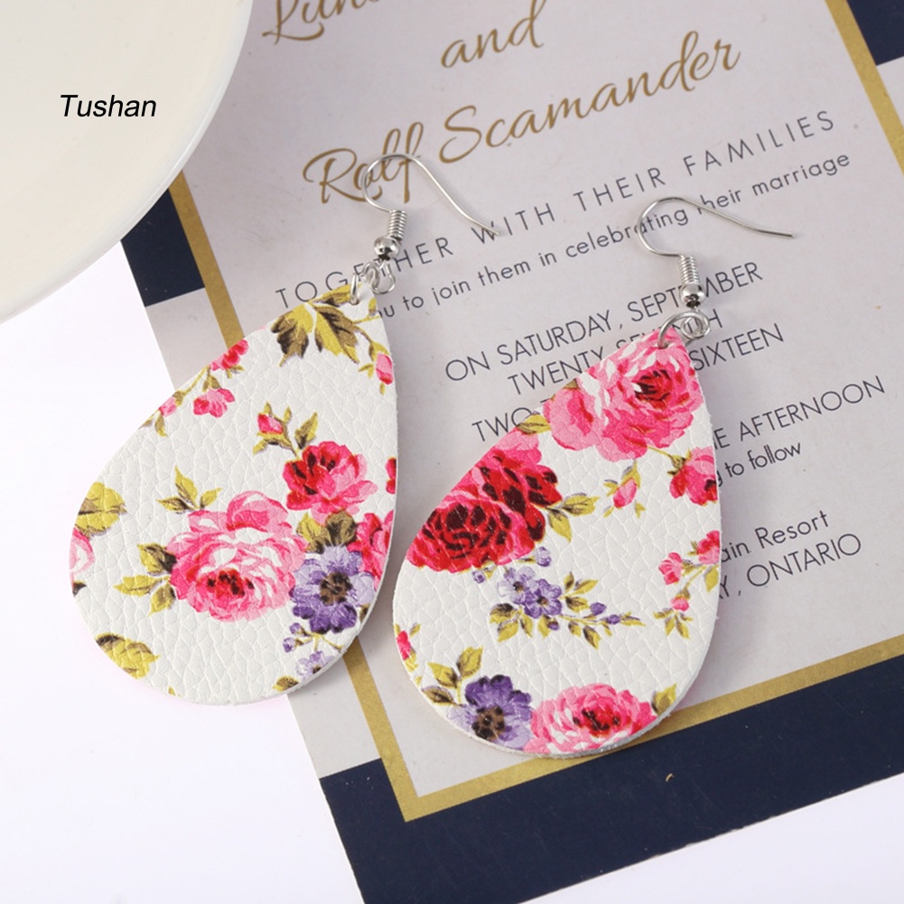 Đôi Khuyên Tai Dài Hình Giọt Nước In Hoa Chất Liệu Giả Da Thời Trang Cho Nữ