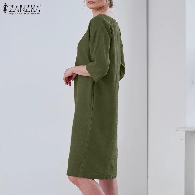 Đầm Nữ Tay Lửng Cổ Tròn Màu Trơn Phong Cách Vintage ZANZEA