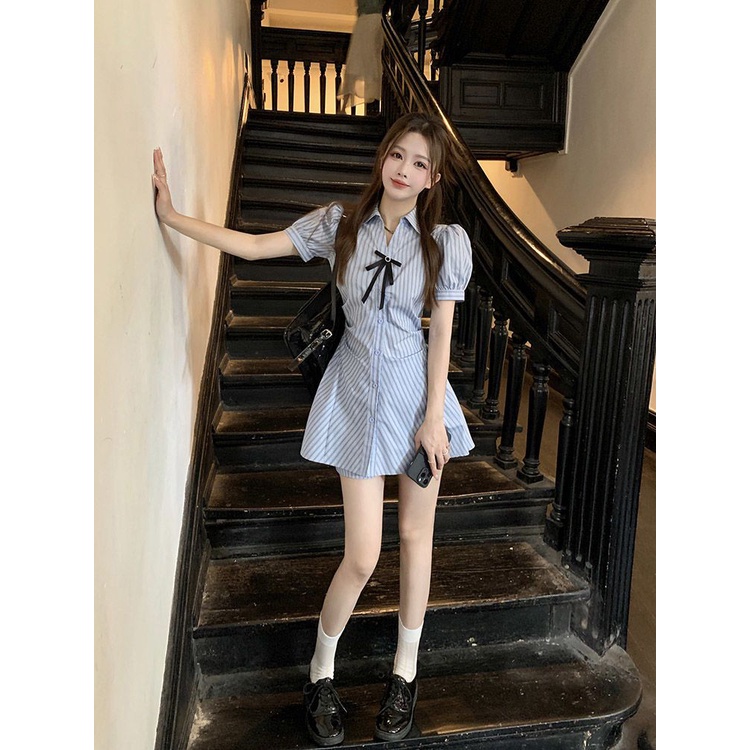 Đầm Chữ A Tay Ngắn Họa Tiết Kẻ Sọc Phong Cách Hàn Quốc Thời Trang Mùa Hè 2023 Mới