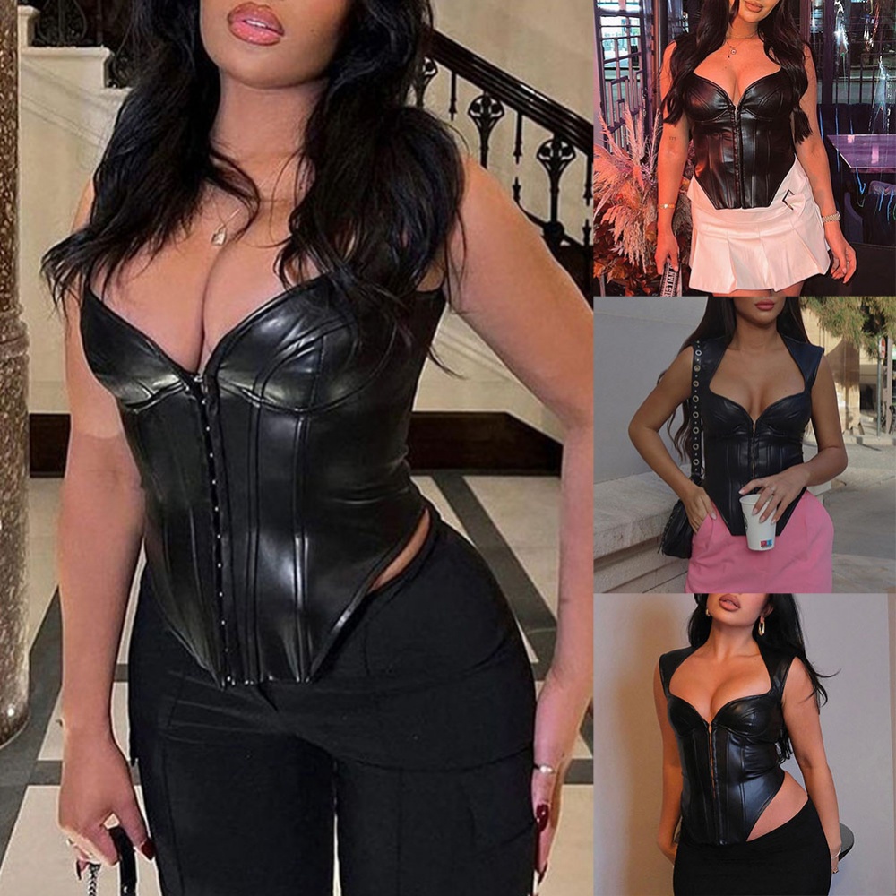 Áo Thun Nữ Da PU Không Tay Dáng Ôm Gợi Cảm