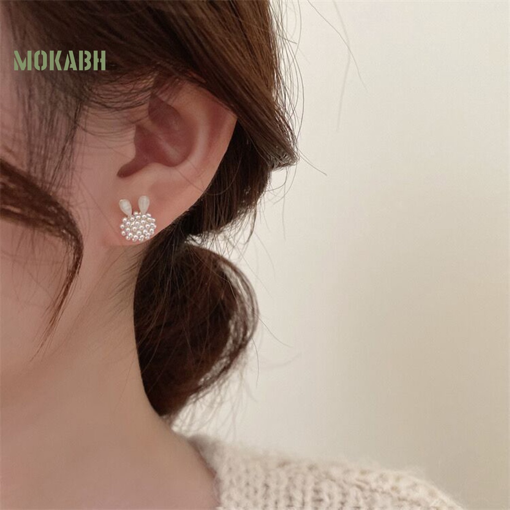 1 Đôi Bông Tai Hình Thỏ Đính Ngọc Trai Giả Thời Trang