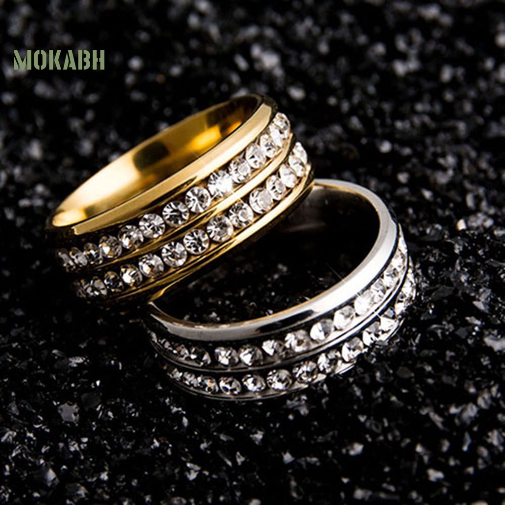 Nhẫn Titan Bản Rộng Hai Hàng Không Phai Màu Đính Đá Cho Nam Và Nữ