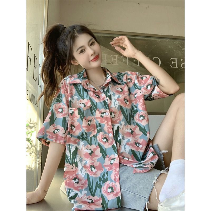 Cozok Áo Sơ Mi Ngắn Tay Dáng Rộng In Hoa Giản Dị Thời Trang
