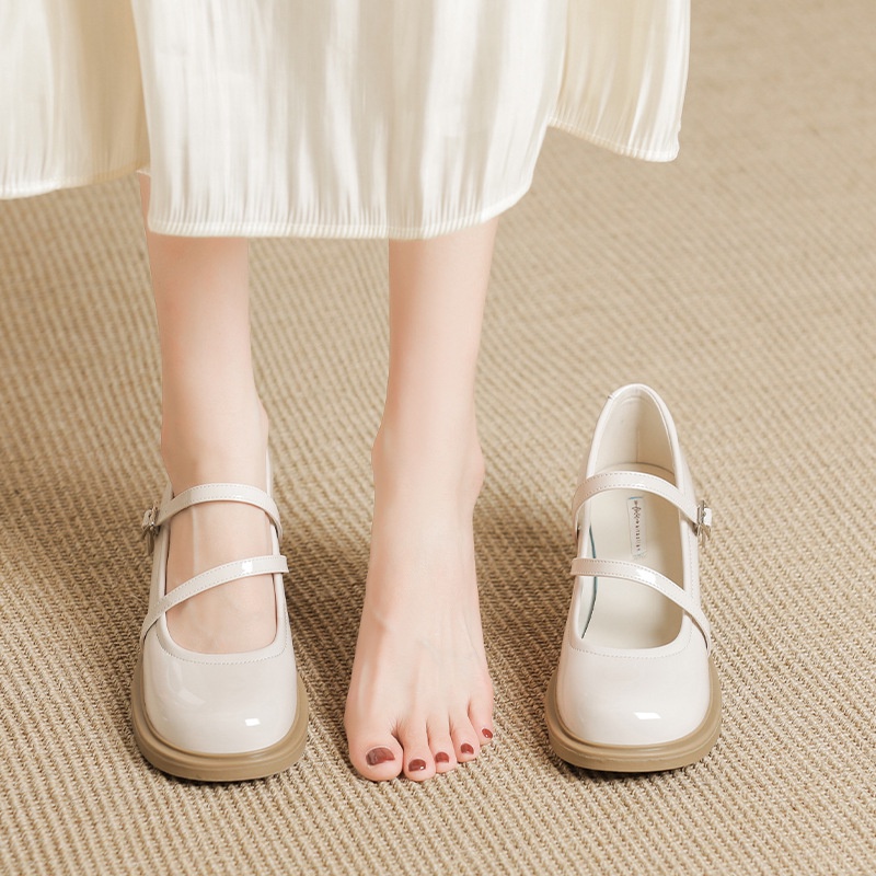 Giày Cao Gót Đế Dày Miệng Nông Phối Dây Kiểu Retro Pháp Dễ Thương