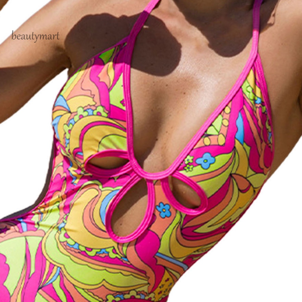 [beautymart] Bộ Đồ Bơi Liền Thân Cổ Yếm Hở Lưng In Họa Tiết Nhiều Màu Sắc Thời Trang Mùa Hè Cho Nữ