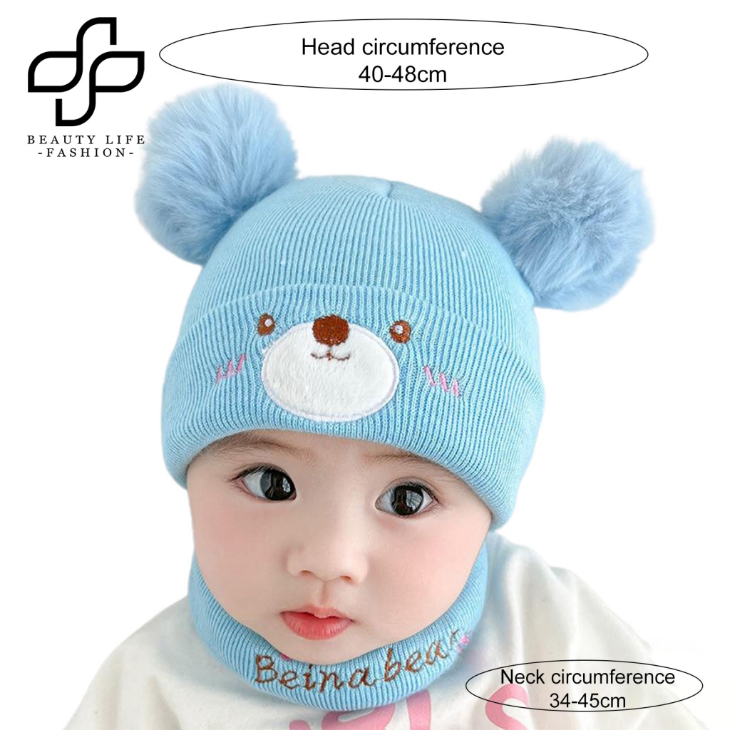 1 Bộ Mũ Beanie Và Khăn Choàng Cổ Dệt Kim Thêu Hình Gấu Bông Giữ Ấm Siêu Mềm Co Giãn Handmade Dành Cho Bé Trai Và Bé Gái