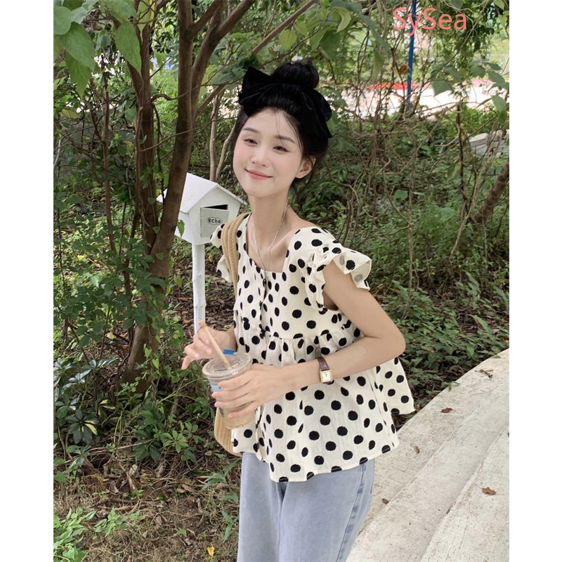 Áo Kiểu Tay Phồng Cổ Vuông Họa Tiết Chấm Bi Phong Cách Pháp