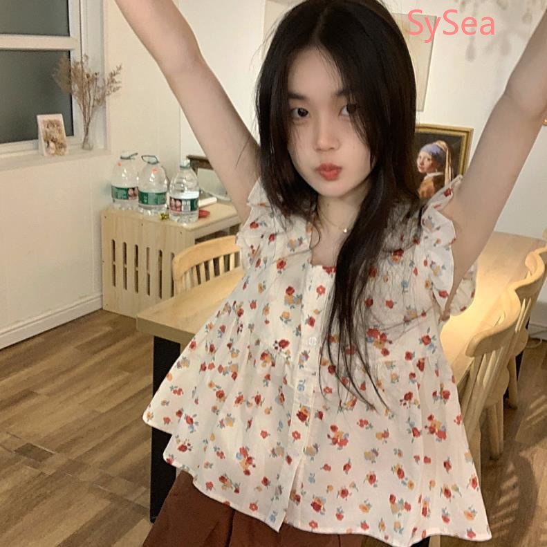 Áo Kiểu Tay Phồng Cổ Vuông Họa Tiết Hoa Phong Cách Pháp