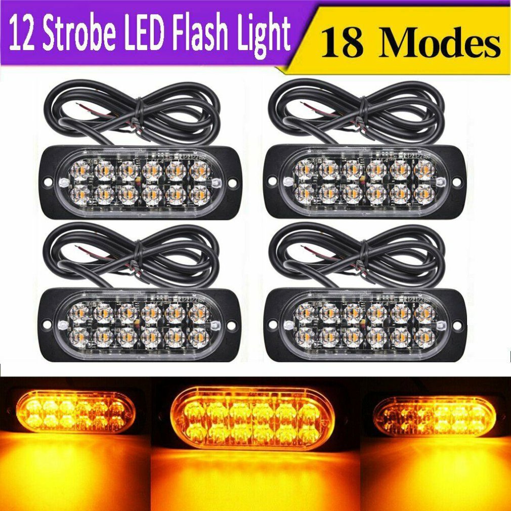4Pcs 12 Strobe Led Amber Hazard Beacon Emergency Flashing Side Marker Light Bars Turn Brake [Q/13]